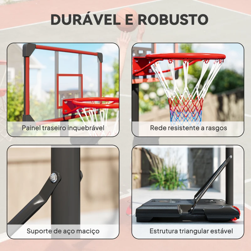 SPORTNOW Tabela de Basquetebol com Altura Ajustável 178-208 cm Rodas Base Recarregável para Exterior 75x56x210-240 cm Vermelho e Preto