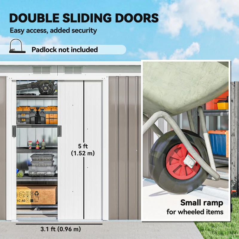 Outsunny Corrugated Garden Metal Storage Shed Outdoor Equipment Tool Box with Kit Ventilation Doors 9x 4FT Light Grey