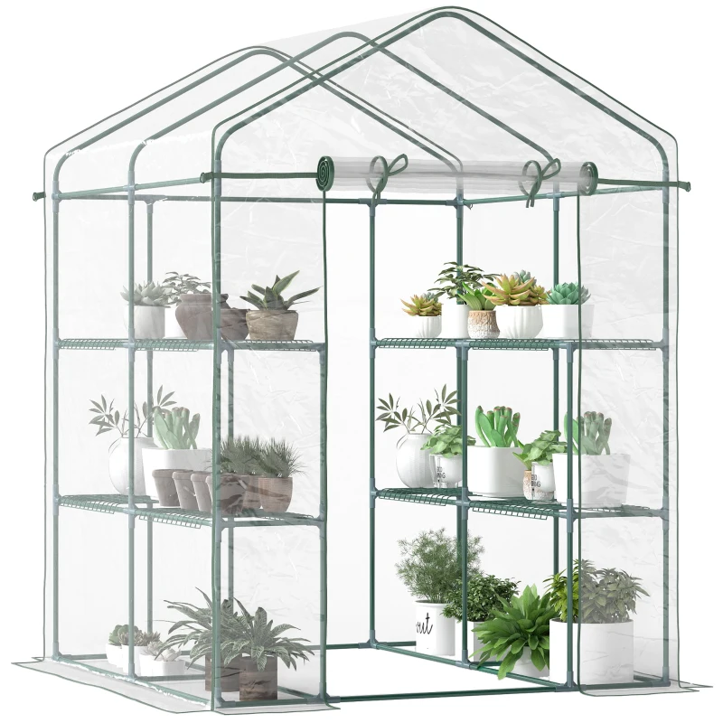 Outsunny Walk in Greenhouse with 3-Tier 8 Shelves, Green House with Hemmed Cover, Roll-up Zipped Door, Steel Frame, 143 x 143 x 195cm