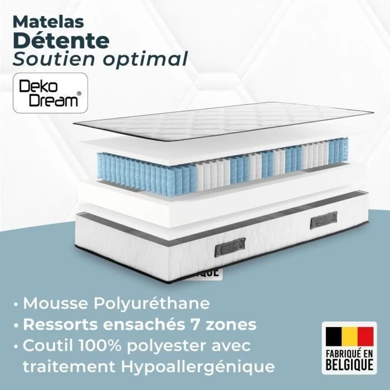 Matelas 90 x 190 cm - Hauteur 19 cm - 380 ressorts ensachés - 7 zones - Equilibré - réversible - fabriqué en Belgique