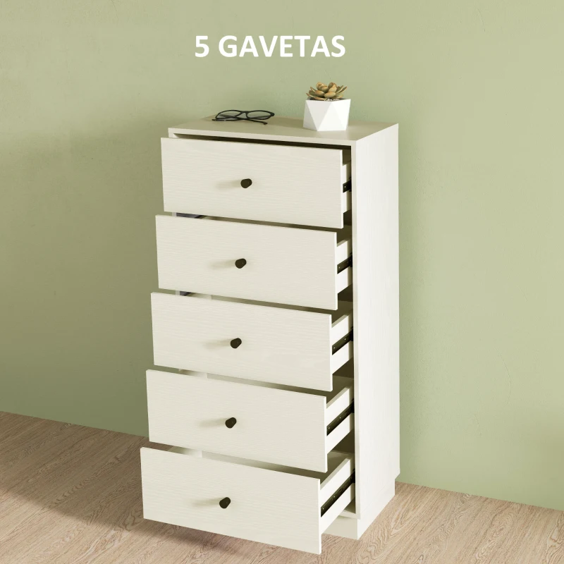 HOMCOM Cómoda com 5 Gavetas Cómoda de Quarto Estreita com Anti-Tombo Gaveteiro Alto para Sala de Estar Corredor 47x29x95 cm Branco