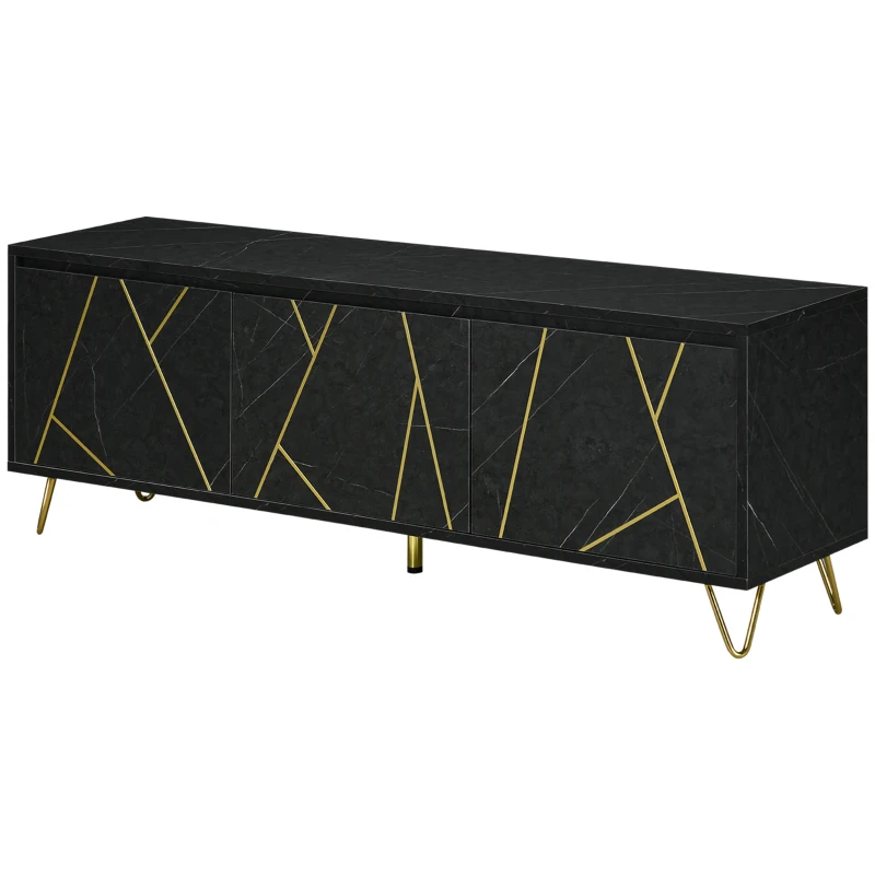 HOMCOM Meuble TV banc TV jusqu'à 65 pouces texture longueur 147 cm effet marbre 2 placards 3 portes à amortissement étagères réglables passe-câbles charge 100 Kg - 147 x 35 x 52 cm - pied en métal