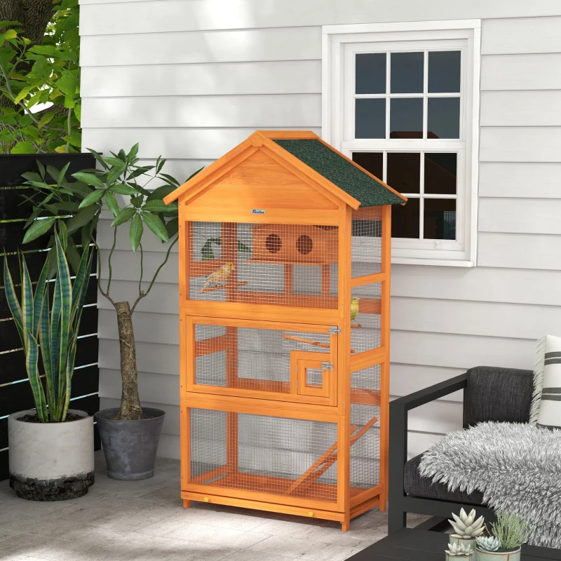 PawHut Cage à oiseaux en bois cage perroquet aire de jeux toit asphalte imperméable 92 x 52 x 171 cm orange