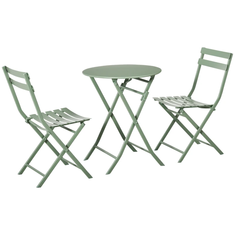 Outsunny Set da Giardino 3 Pezzi Pieghevoli in Acciaio, 2 Sedie 42x50x81 cm e Tavolino Ø60x71 cm, Verde