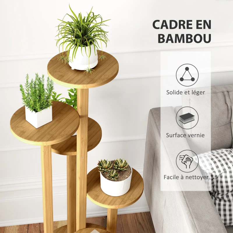 Outsunny Étagère à plantes en bambou étagères rondes à fleurs support de pots de fleurs 5 niveaux bois naturel