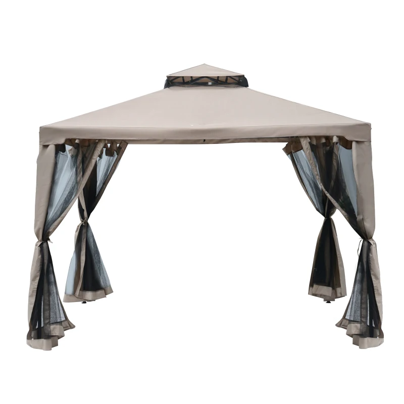 Outsunny Outdoor Gazebo, 2-tier Roof W/Netting, 295L x 295W x 263Hcm-Taupe