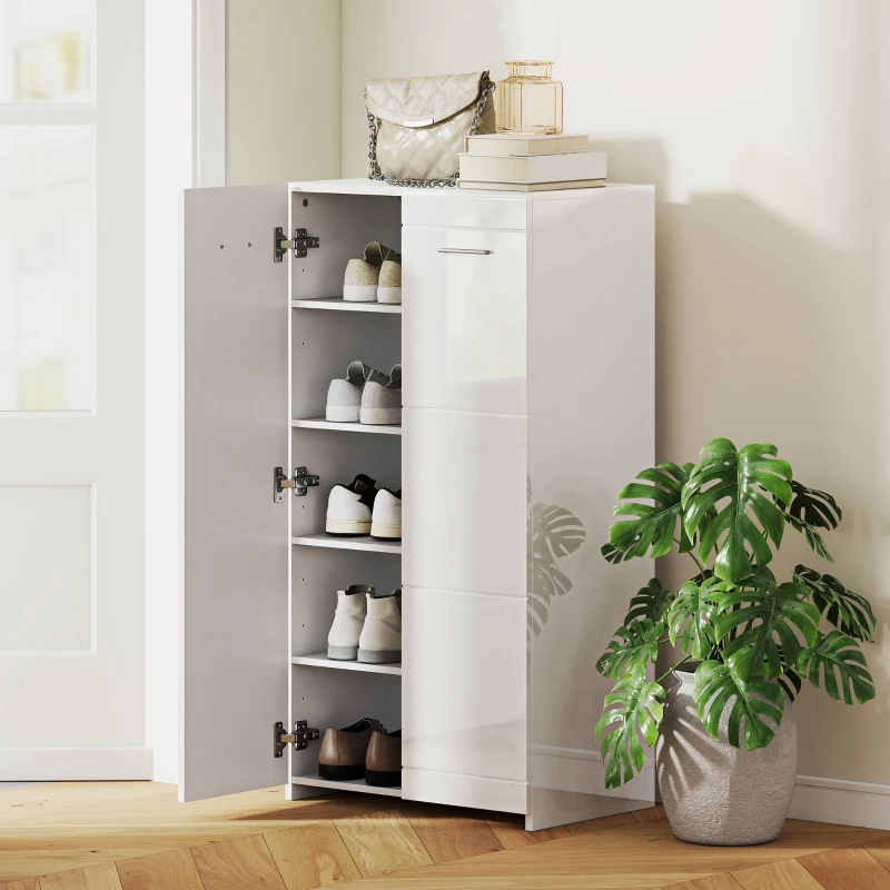 HOMCOM High-gloss shoe cabinet, shoe storage with adjustable shelves for hallway, entry, space for 10 pairs, white