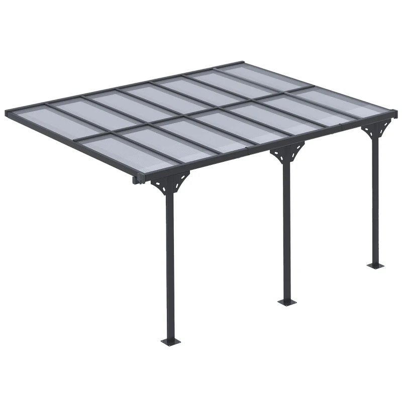 Outsunny Pergola adossée aluminium 4,5 x 3 m avec toit en polycarbonate résistant UV, gouttière intégrée, tonnelle de jardin pour terrasse patio véranda, gris