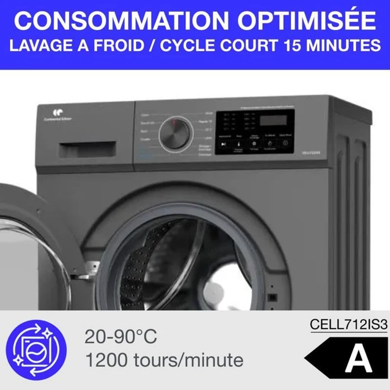 Lave-linge hublot - CONTINENTAL EDISON - CELL712IS3 - 7 kg - Induction - 60 cm - 1200 trs/min - Silver