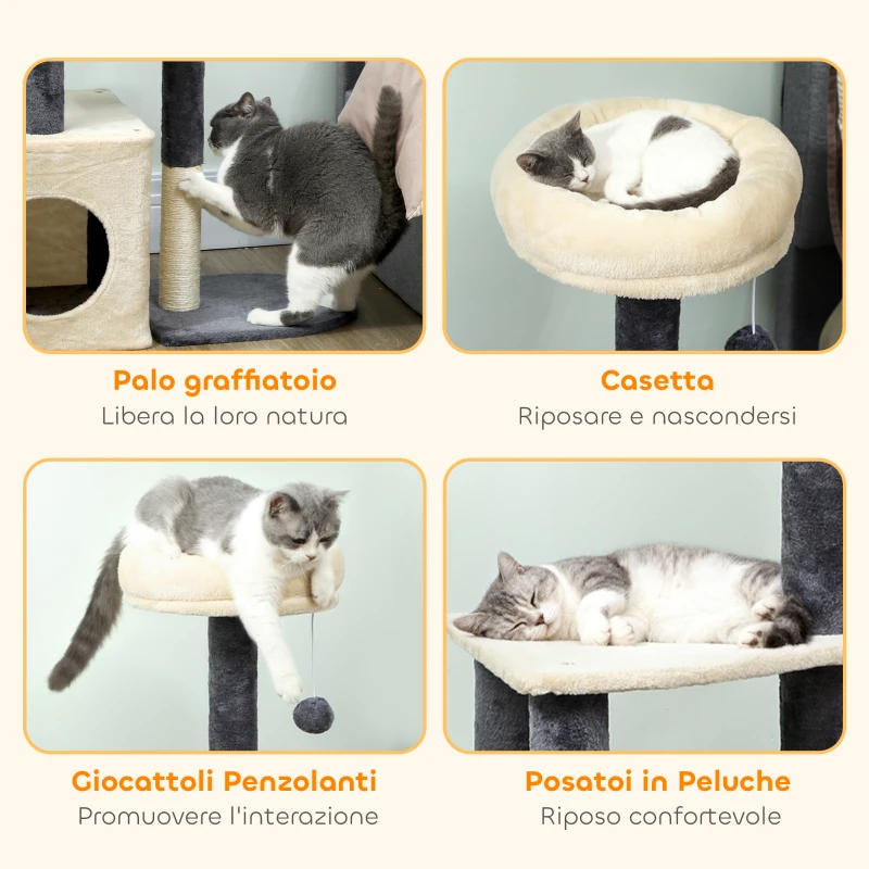 PawHut Albero Tiragraffi per Gatti Alto 92 cm con Casetta, Lettino, Pali in Sisal e Pallina, Bianco Crema