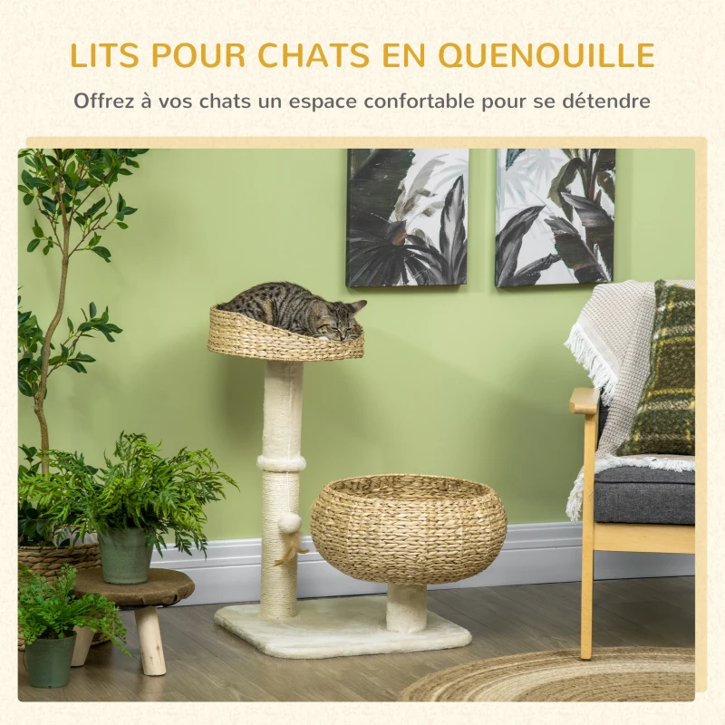 PawHut Arbre à chat griffoir 2 niveaux hauteur 72 cm poteau sisal avec niche et plateforme 1 balle suspendue