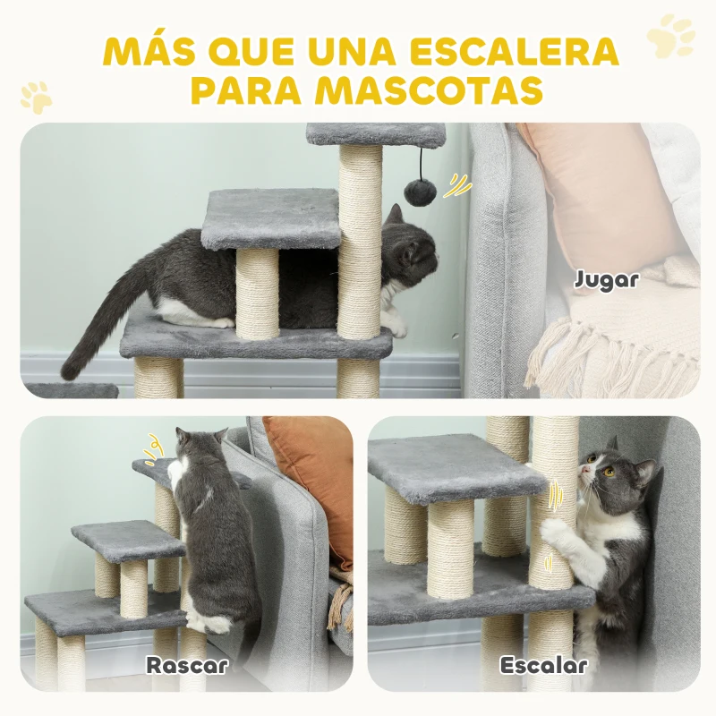 PawHut Escalera para Mascotas Ajustable de 3/4 Peldaños Escalera para Gatos con Postes Rascadores Bola Colgante Gris
