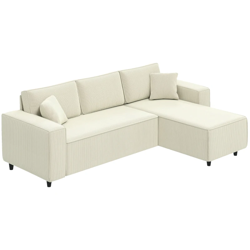 HOMCOM 3-Sitzer-Sofa mit Chaiselongue, Wohnzimmercouch mit Cordbezug, 2 Extra-Kissen, Polstersofa, Cremeweiß(m-10)