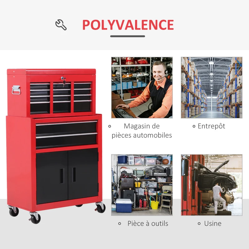HOMCOM Servante d'atelier servante/ caisse à outil 6 tiroir +1 commode coffre amovible chariot acier rouge et noir