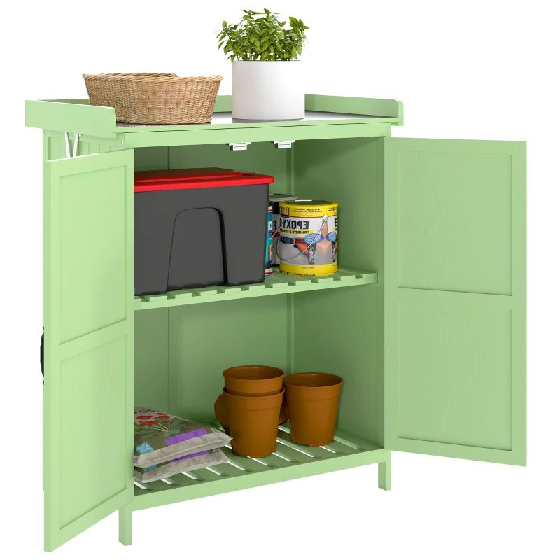 Outsunny Wooden Garden Shed, Garden Tool Storage Shed with Hinged Roof and Shelf, Outdoor Storage Cabinet with Double Doors, Light Green