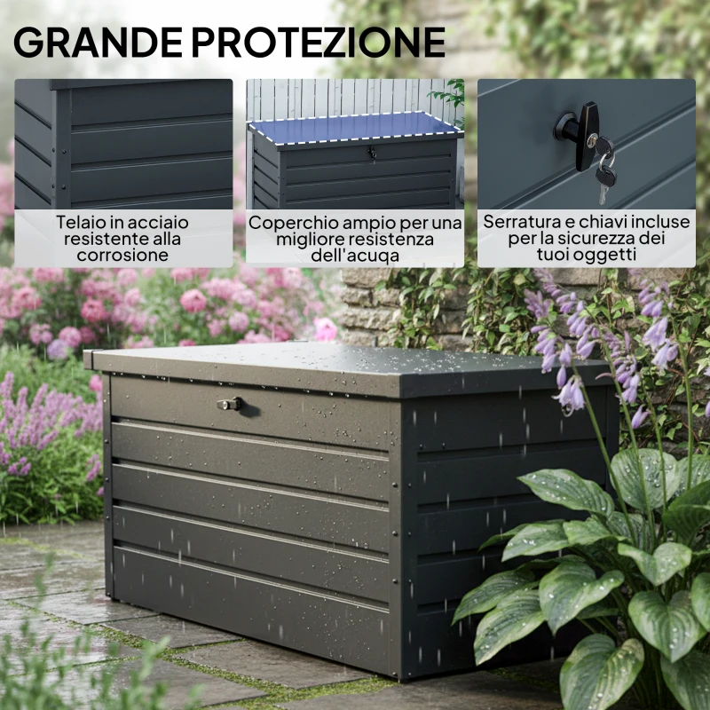 Outsunny Panca Baule Contenitore da Giardino con Chiave, Cassapanca Moderna in Acciaio, Grigio, 120x62x62cm