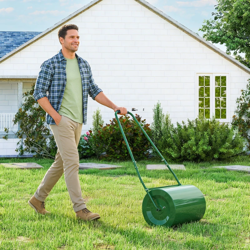 Outsunny 63 L Garden Lawn Roller with Water/Sand Filled Drum, Heavy Duty Steel Lawn Push Rolling Tool for Grass Seeding, Soil Levelling, Dark Green