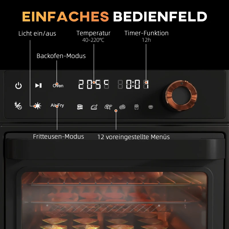 HOMCOM Mini Four, Friteuse à Air Chaud, 40-220°C, 12 Programmes, Accessoires, Noir
