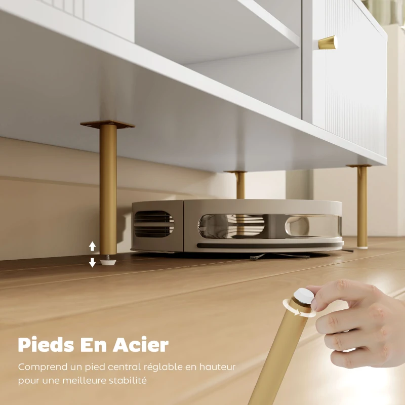 HOMCOM Meuble TV, meuble télé jusqu'à 65 pouces avec 2 portes, 2 compartiments ouverts, pieds en acier, 140x38x45,9cm, blanc