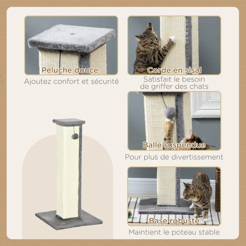 PawHut Griffoir pour chat poteau griffoir chat en sisal et peluche, boule suspendue base stable 41 x 41 x 81 cm gris et crème