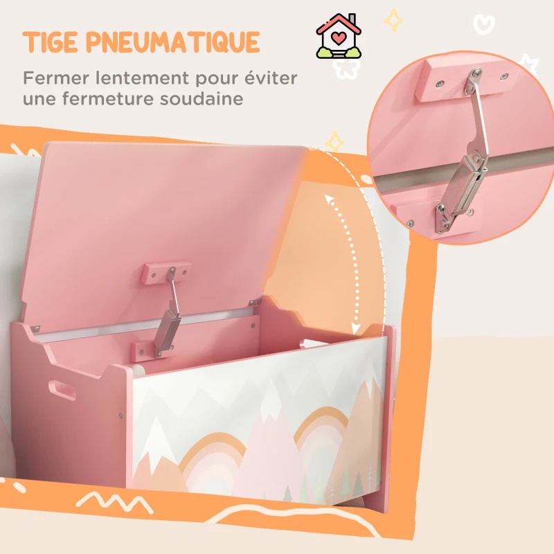 ZONEKIZ Coffre à jouet enfant coffre de rangement enfant couvercle rabattable motif de forêt coins arrondis 60 x 37 x 39 cm rose