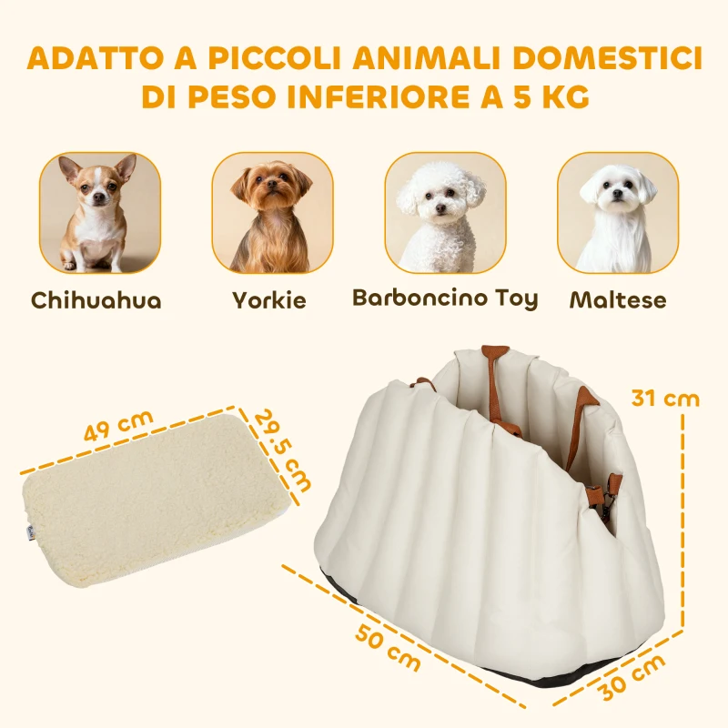 PawHut Seggiolino Auto per Cani Piccoli con Guinzaglio e Base Antiscivolo, Convertibile in Borsa per Animali, Crema