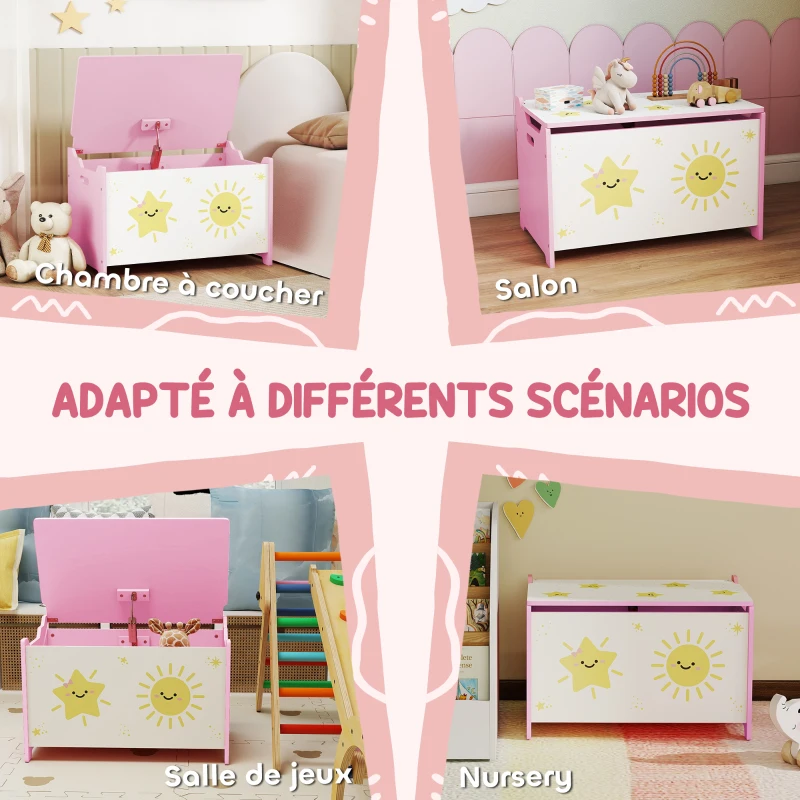 AIYAPLAY Coffre à jouets avec couvercle, coffre de rangement enfant avec charnières de sécurité, 60 x 37 x 39 cm, rose