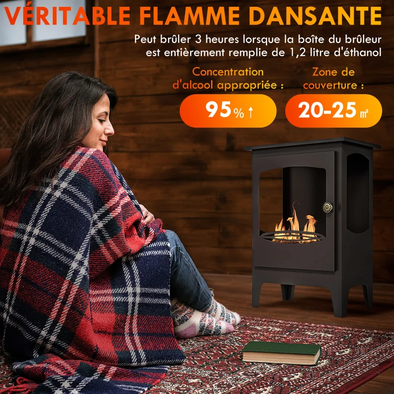 HOMCOM Cheminée à l'éthanol sur pieds style contemporain avec réservoir 1,2Lenviron couverture 25 m² 39 x 26 x 54 cm noir
