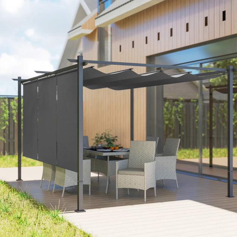 Outsunny 3 x 4m Metal Pergola with Retractable Roof and Roller Shade, Free Standing Garden Gazebo Canopy Pergola Kit, UPF30+ Outdoor Sun Shade Shelter, Grey