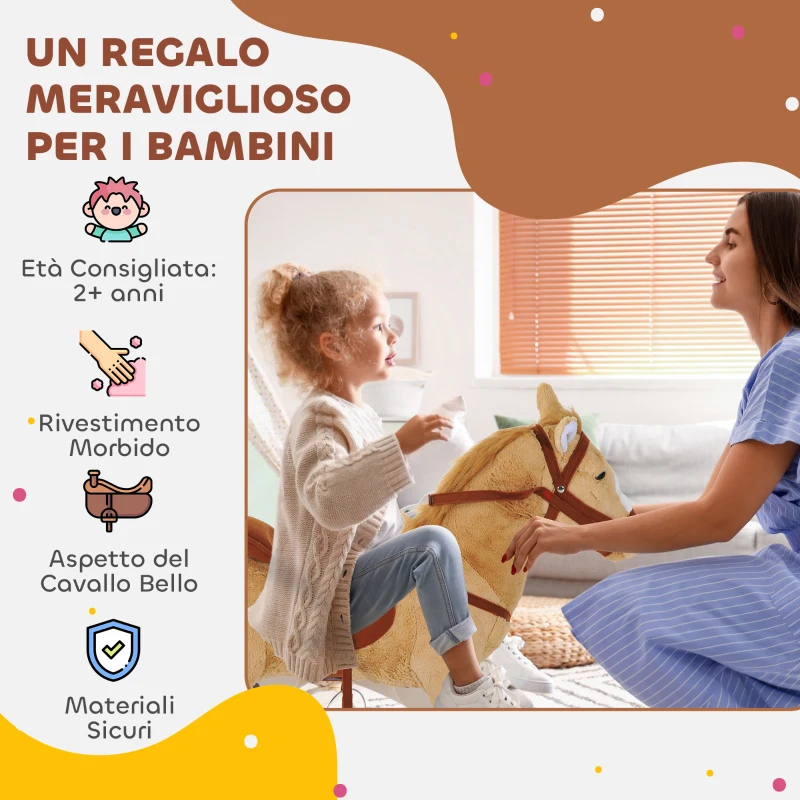 HOMCOM Cavallo Giocattolo con Suoni Realistici, Sella, Briglie e Poggiapiedi, 85x28x60 cm, Beige