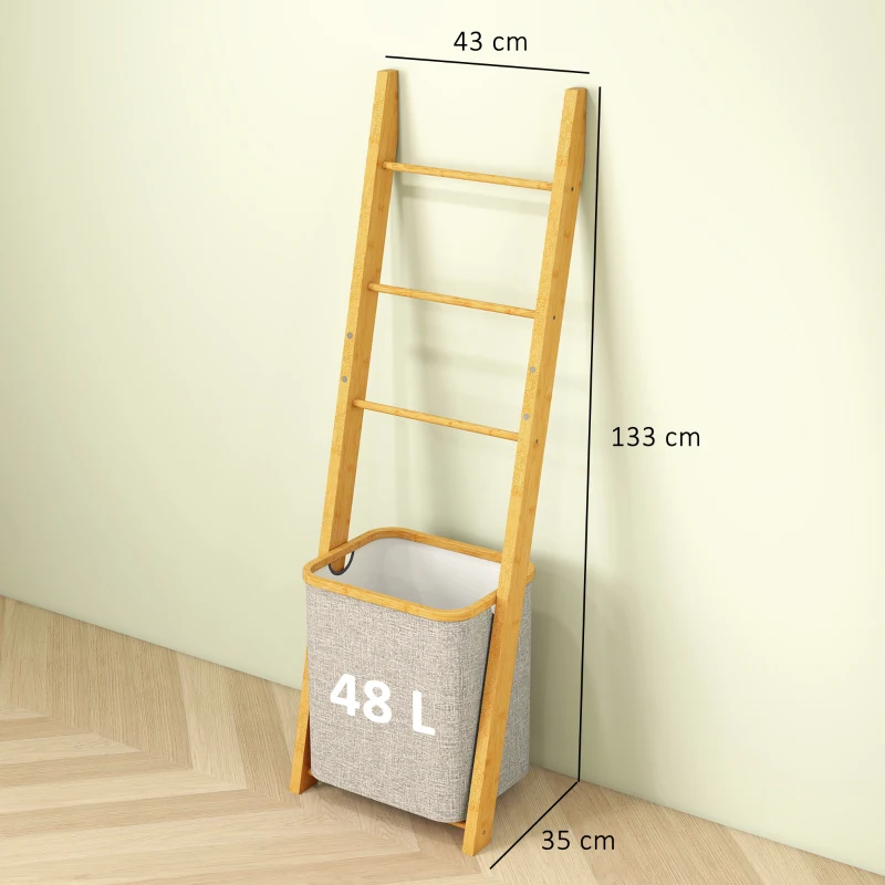 HOMCOM Badregal, 2-in-1 Badezimmerregal mit 3 Stangen, abnehmbarer 48L-Wäschekorb, Bambus, 43 x 35 x 133 cm, Cremeweiß