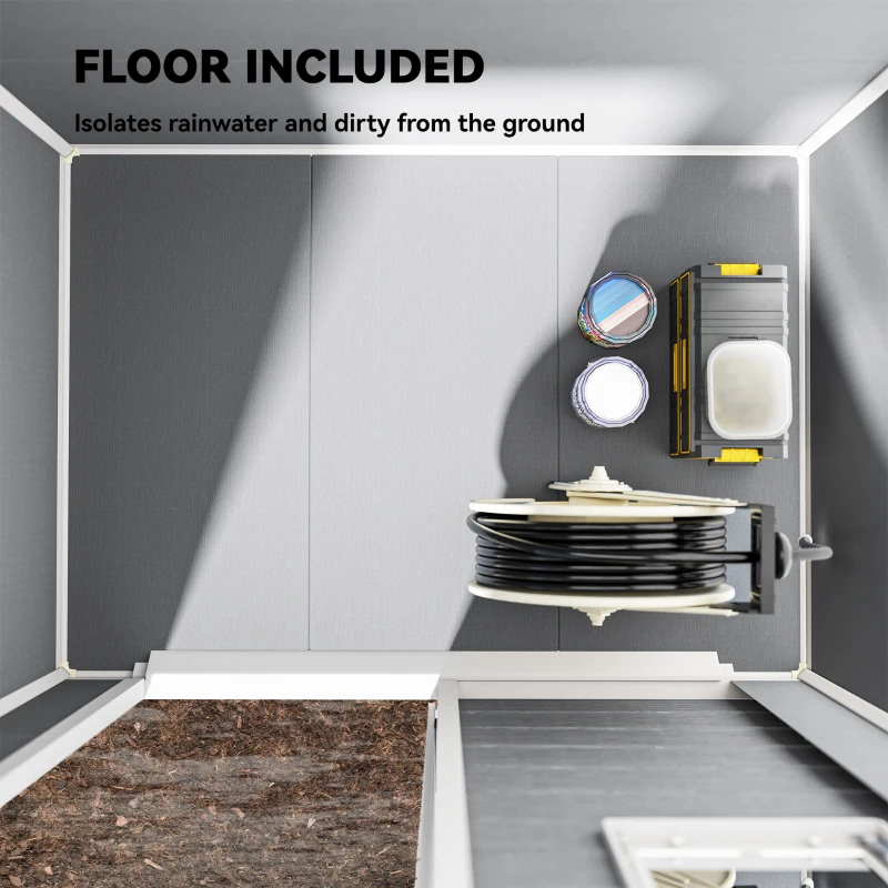 Outsunny 6 x 4ft Garden Shed, Plastic Shed with Floor, Window, Lockable Door and Vents, Wood Effect Resin Tool Shed for Outdoor, Grey