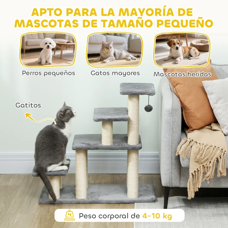 PawHut Escalera para Mascotas Ajustable de 3/4 Peldaños Escalera para Gatos con Postes Rascadores Bola Colgante Gris