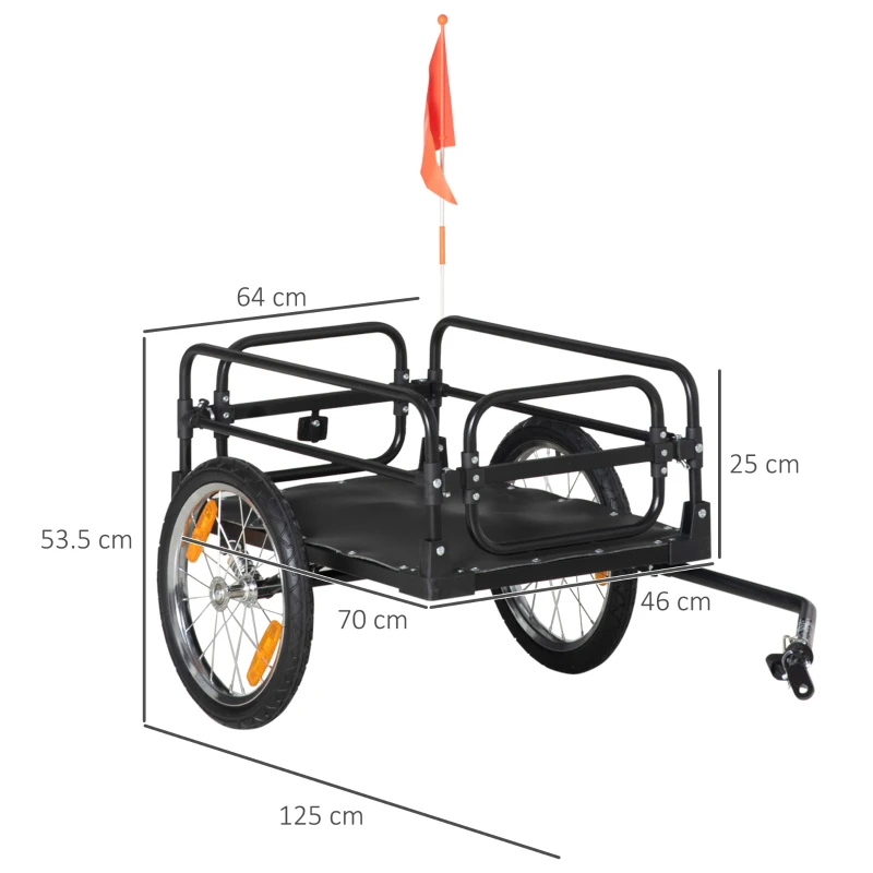 HOMCOM Carrello Bici da 70L con 2 Ruote da 16", 2 Catarifrangenti e Bandierina, in Acciaio e PE, 125x64x53.5 cm, Nero