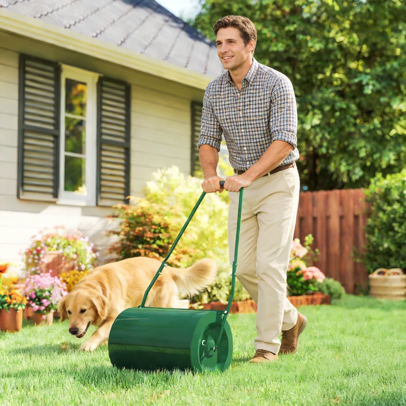 Outsunny 63 L Garden Lawn Roller with Water/Sand Filled Drum, Heavy Duty Steel Lawn Push Rolling Tool for Grass Seeding, Soil Levelling, Dark Green