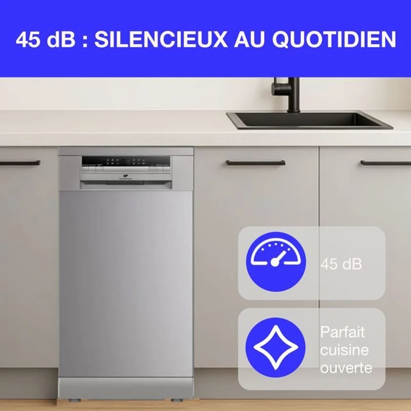 Lave-vaisselle pose libre - CONTINENTAL EDISON - CELV1145S - 11 couverts - 45 cm - 45 dB  - Silver