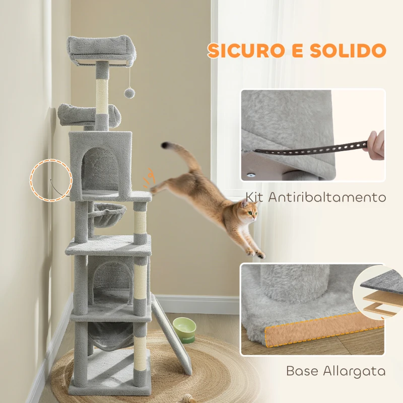 PawHut Albero Tiragraffi per Gatti con 2 Casette, 2 Lettini, Trespolo e 2 Palline, 48x40x177 cm, Grigio Chiaro e Beige