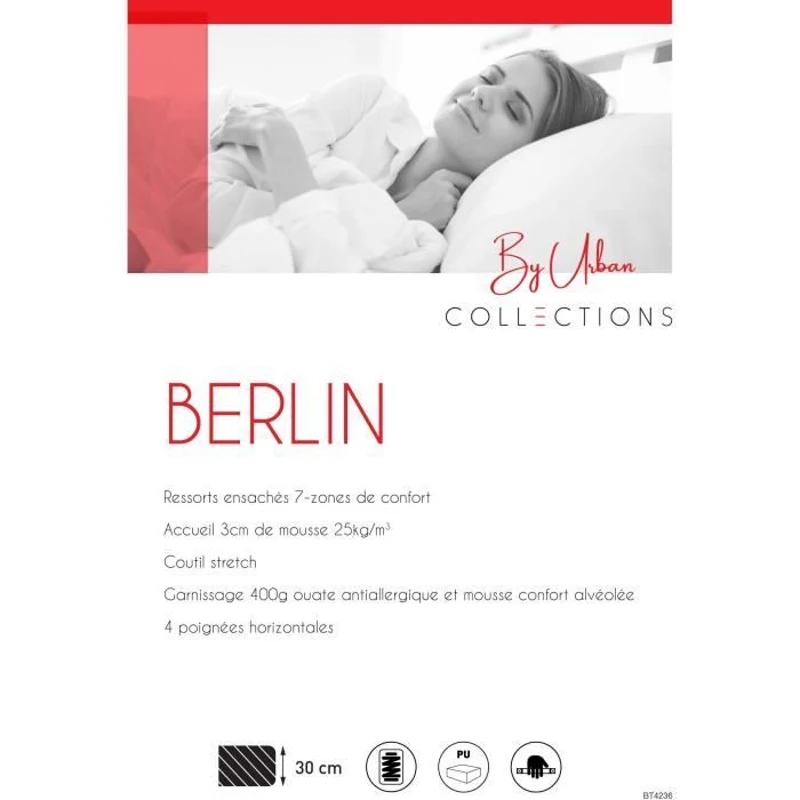 URBAN Collections BERLIN Matelas 160 x 200 cm - 960 ressorts ensachés - 7 zones de confort - 30 cm - Ferme