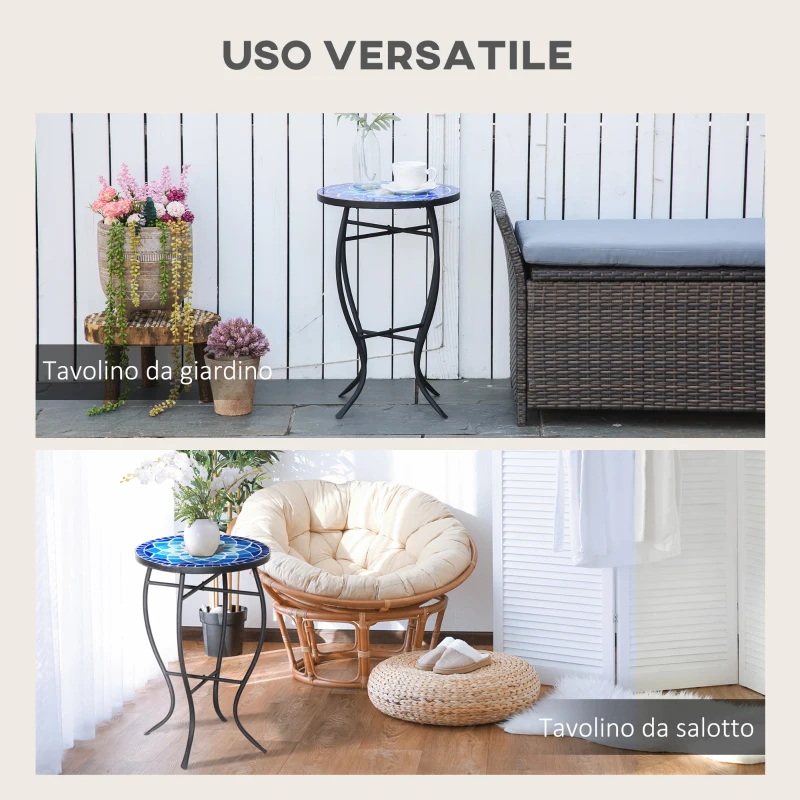 Outsunny Tavolino da Giardino Rotondo a Mosaico in Metallo con Piano in Ceramica, Ф35.5x53.5cm