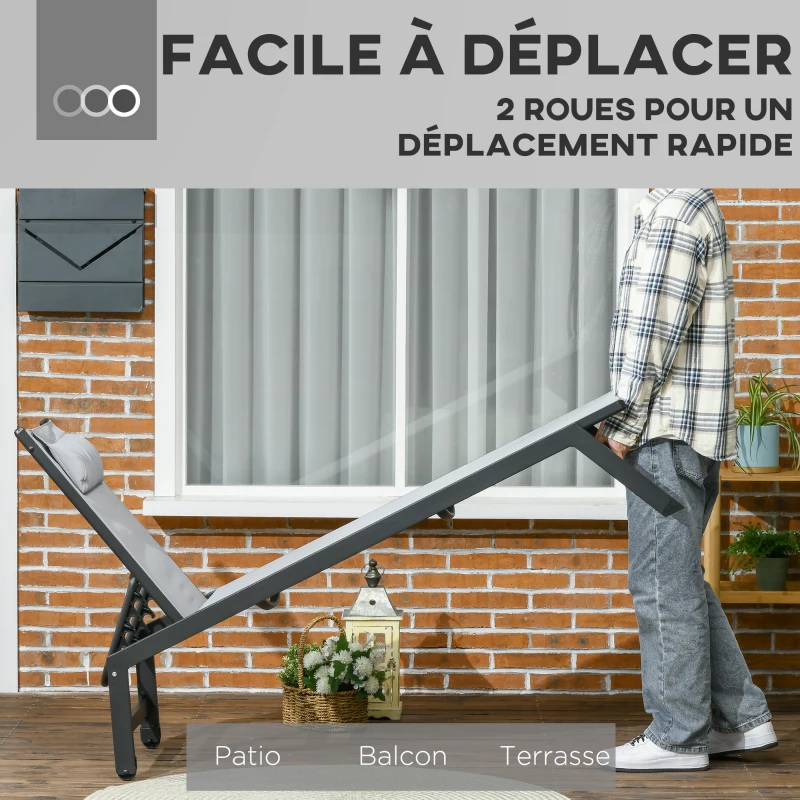 Outsunny Bain de soleil transat en aluminium et textilène avec roulettes et repose-tête dossier inclinable gris clair