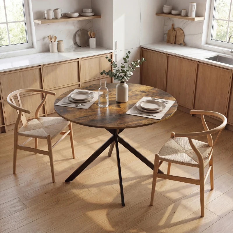 HOMCOM Table à manger ronde pour 4 personnes, table de cuisine style industriel avec pieds en acier, pour salle à manger, cuisine, Brun rustique