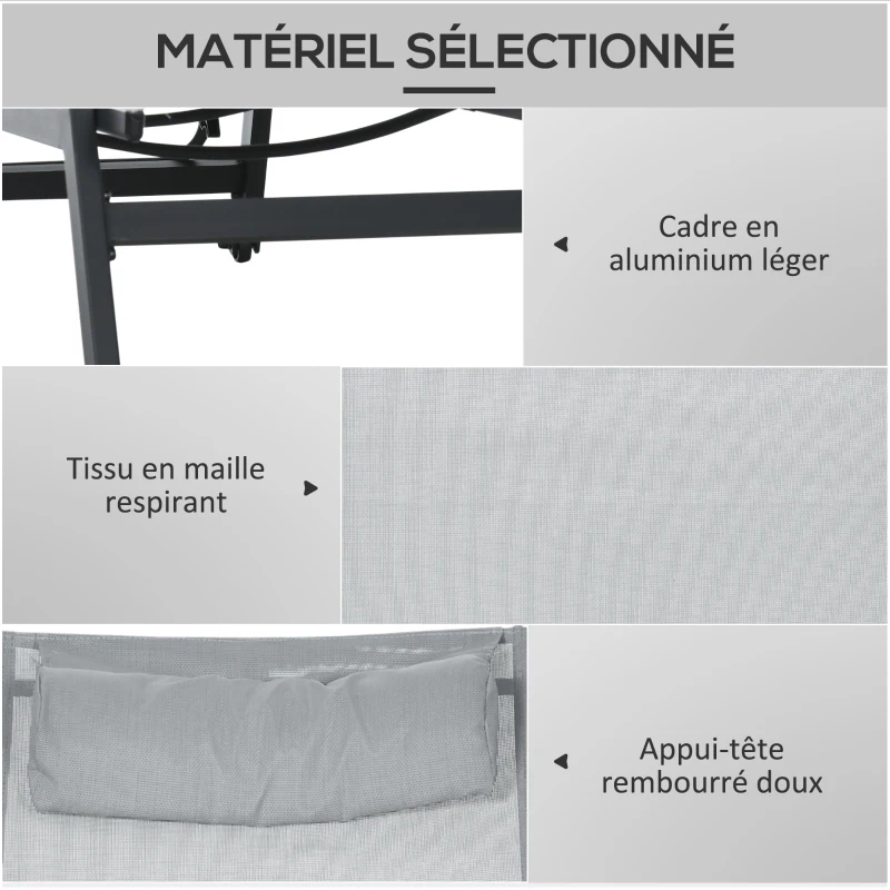Outsunny Bain de soleil transat en aluminium et textilène avec roulettes et repose-tête dossier inclinable gris clair