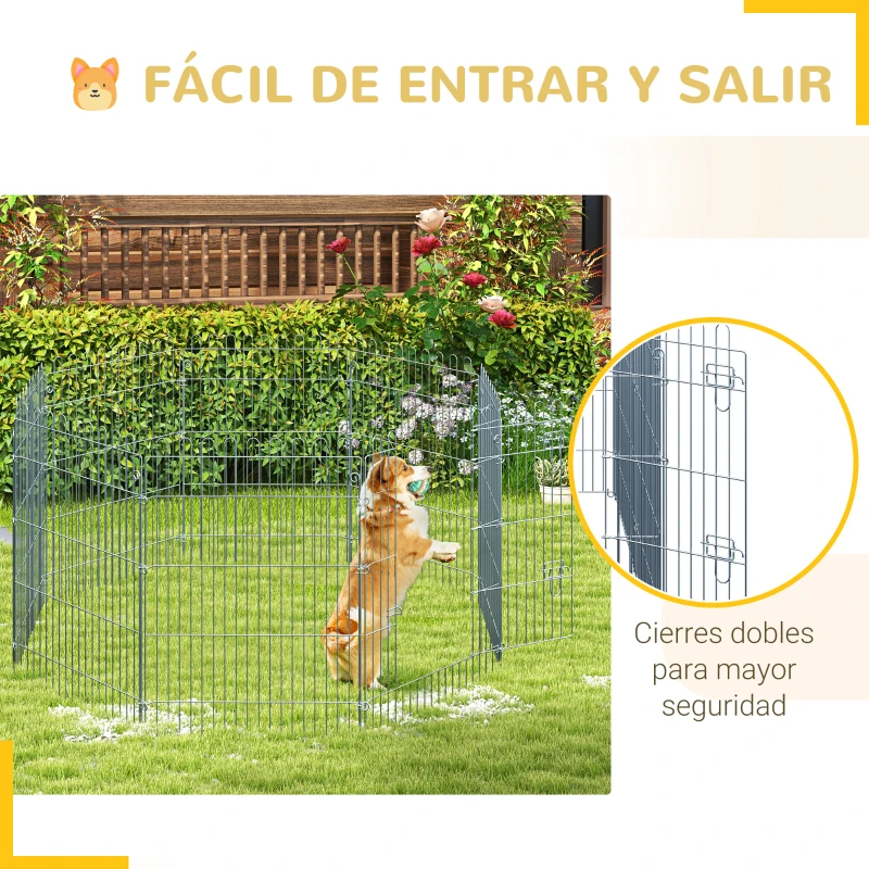 PawHut Vallas para Perros Plegables de 8 Piezas 63x76 cm con 1 Puerta y Marco de Acero para Jardín Patio Plata