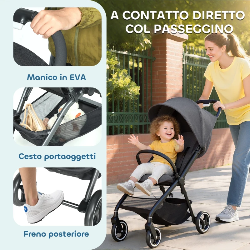 AIYAPLAY Passeggino per Bambini 0-3 Anni Pieghevole e Leggero con Schienale Regolabile, Capottina, Cestino, Grigio Scuro