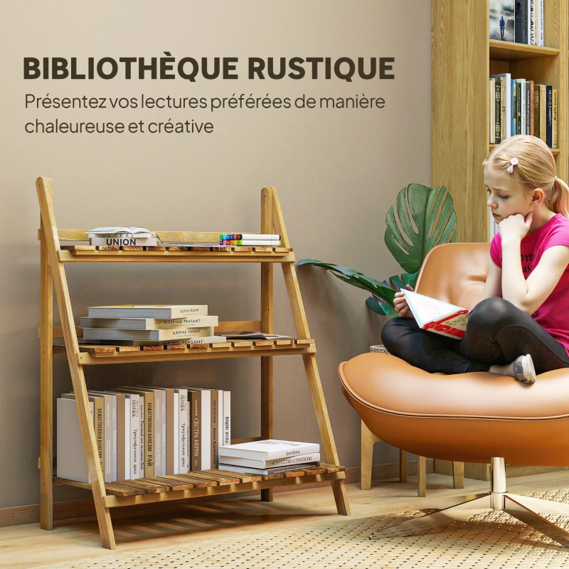 Outsunny Étagère à plantes en bois forme pyramidale échelle pliante avec 3 étagères 80 x 37 x 93 cm marron