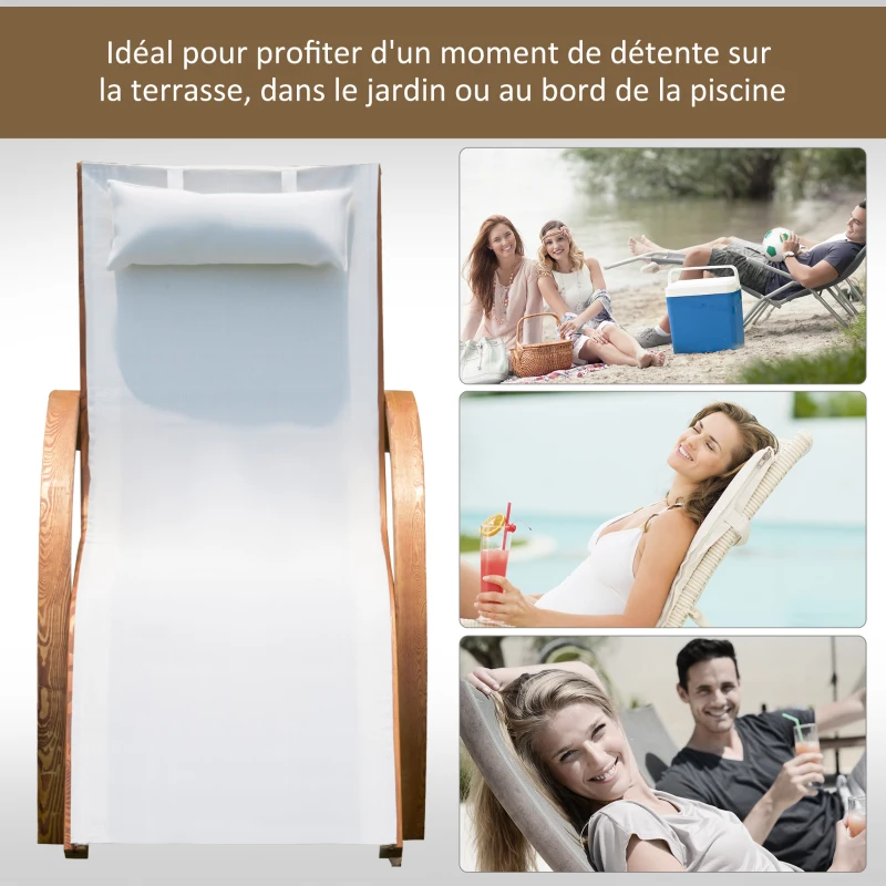 Outsunny Transat Chaise Longue Design Style Tropical Bois Massif Naturel Coloris Beige Blanc