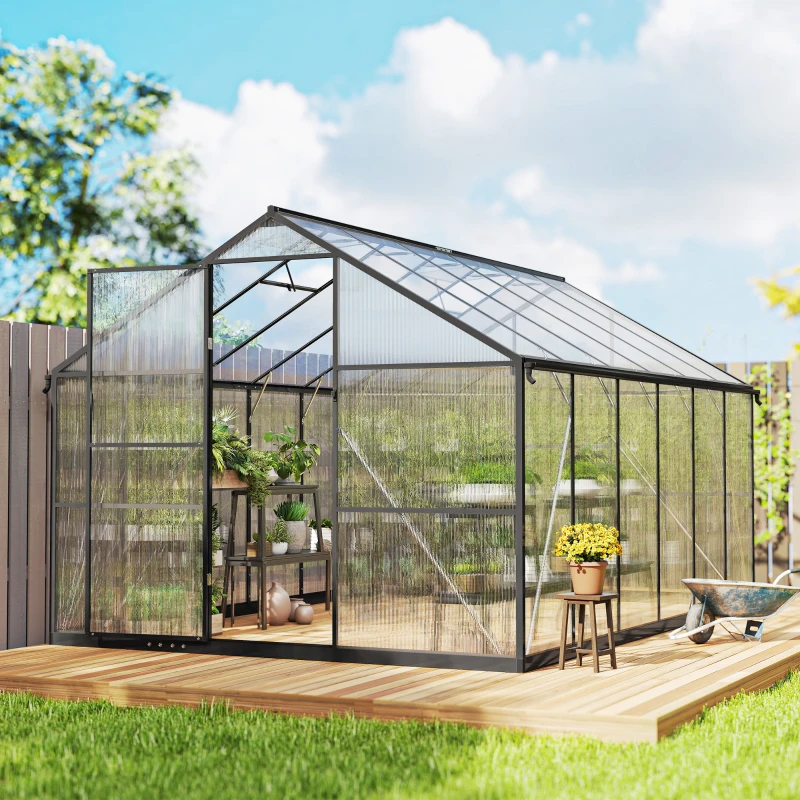 Outsunny Serre de jardin en aluminium polycarbonate, serre avec fenêtres supérieures réglables 363x247x205cm transparent