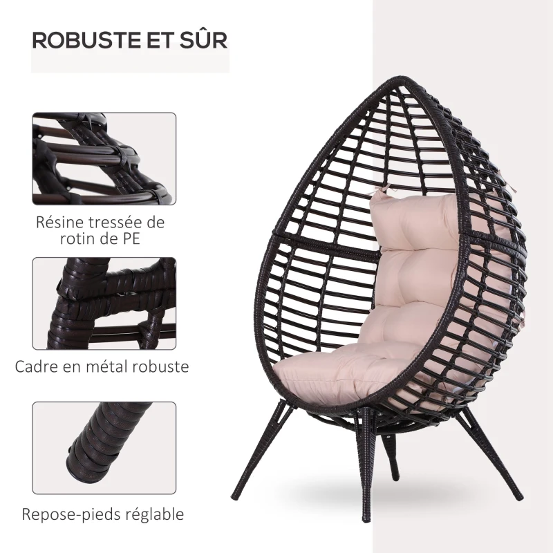 Outsunny Fauteuil cocon oeuf sur pied design dim. 101L x 89l x 156H cm coussin beige déhoussable grand confort inclus métal résine chocolat