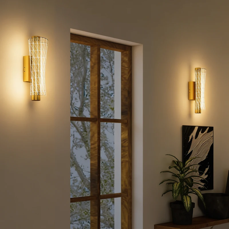 HOMCOM Led Wall Lamp 2 Pack, 9W Modern Indoor Geometric Mesh Wall Light, Colour Temperature Adjustable 3000K/4000K/6500K for Bedroom, Living Room, Hallway, Stairs, Gold Tone