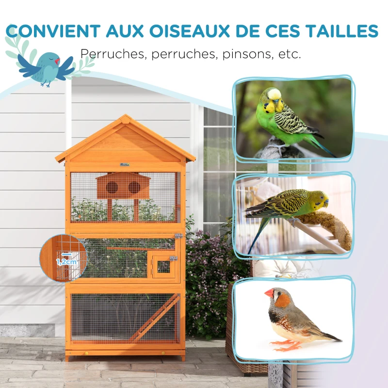 PawHut Cage à oiseaux en bois cage perroquet aire de jeux toit asphalte imperméable 92 x 52 x 171 cm orange